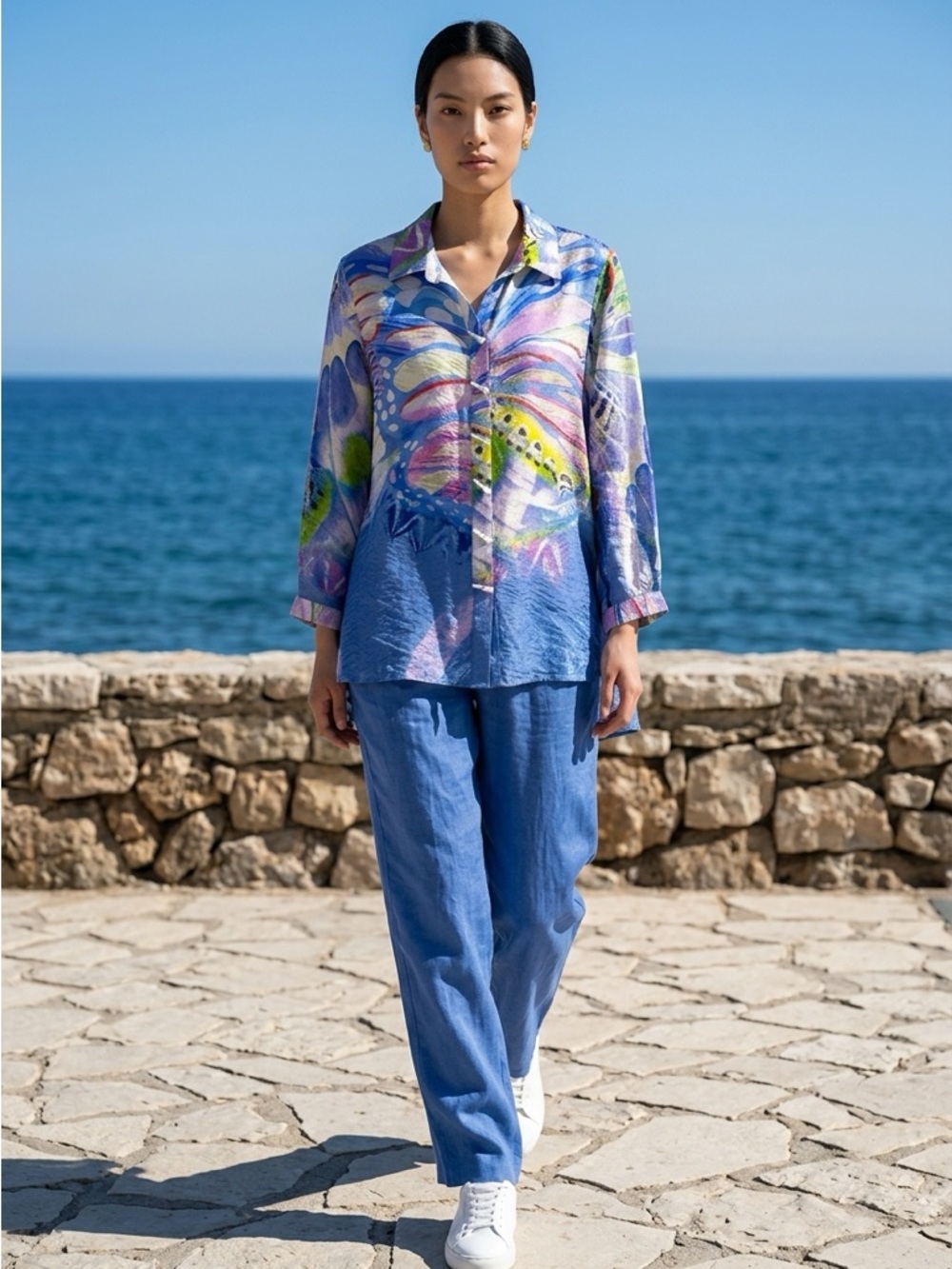 ALI MILES BUTTERFLY WINGS ART DECO COASTAL BEACH RESORTWEAR TUNIC TOP SZ M